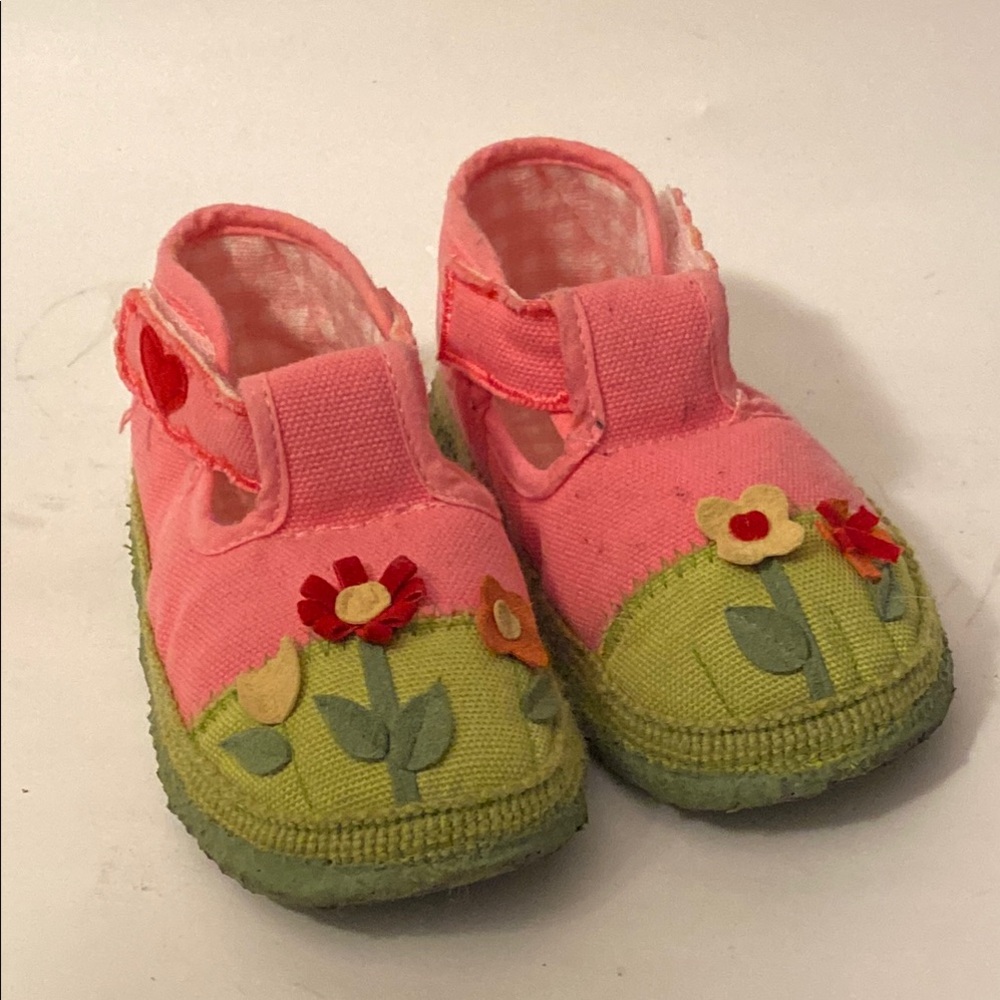 GIESSWEIN Kufstain Girl’s Pink Green Floral Appliqué Cotton Slippers sz 23 EU